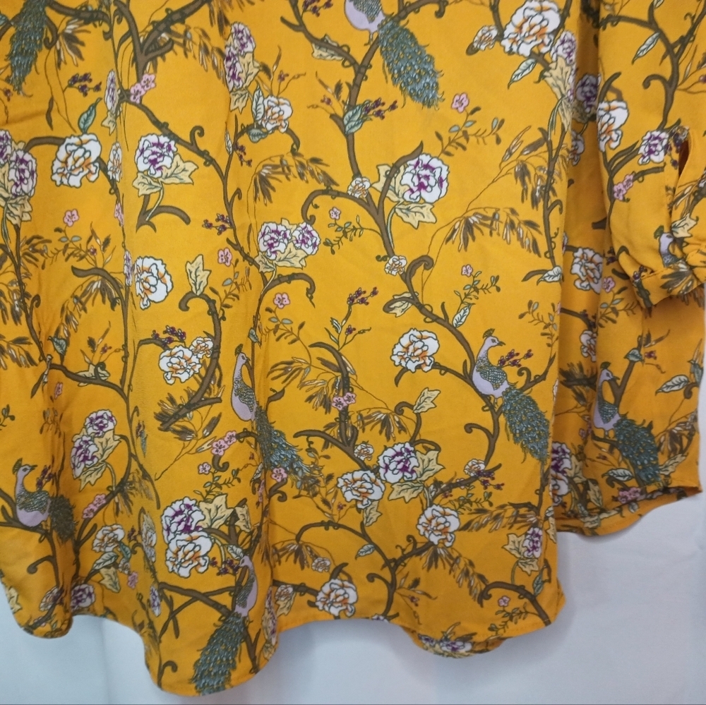 Rose Olive 1X Peacock Floral Peasant Blouse Top Mustard Yellow Button Flowy Boho - Picture 8 of 13